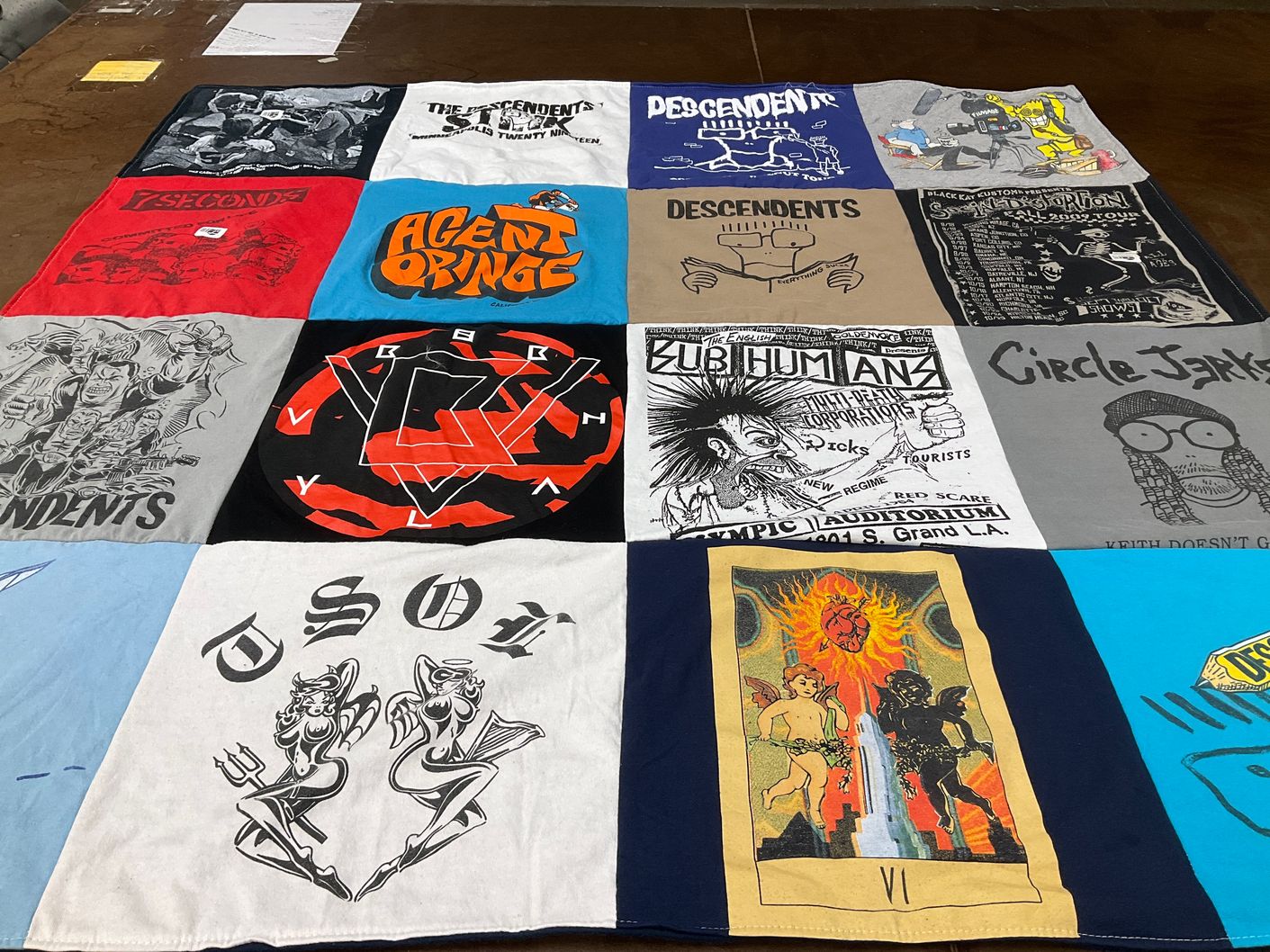 T-shirt quilt with punk music, skateboarding themes by Janice from MO