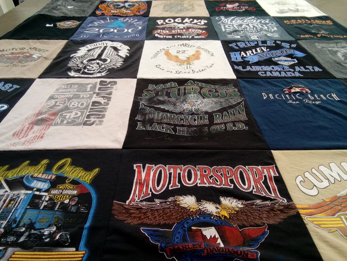 T-shirt quilt with motorcycles, rallying themes by Carol from MI