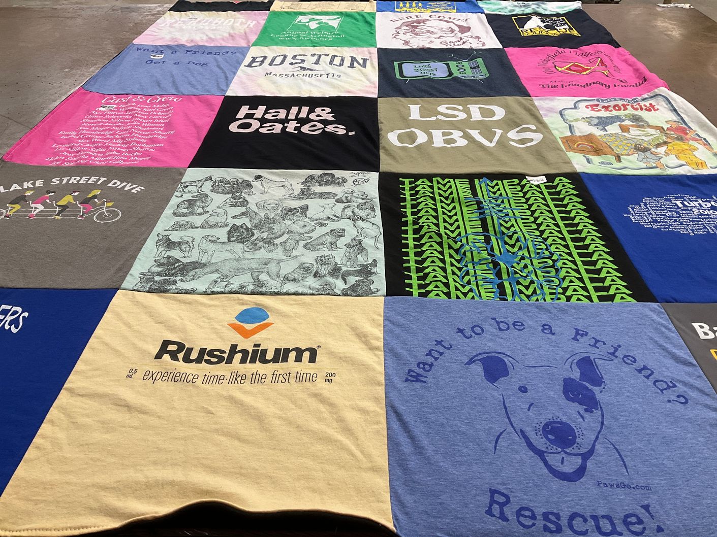 T-shirt quilt with music, dogs themes by Alexandra from VA