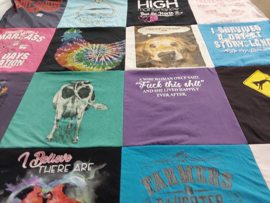 T-shirt quilt with farming, dogs themes by Taylor from ME