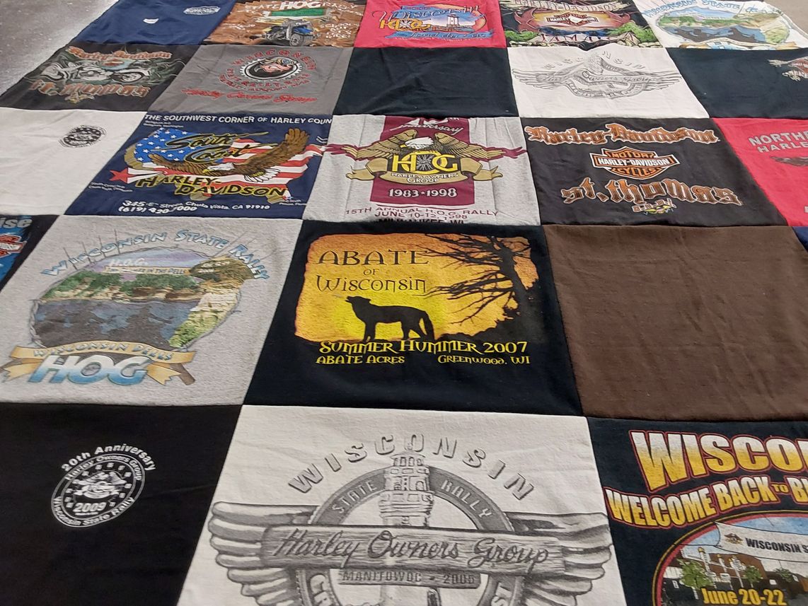 T-shirt quilt with motorcycles, biking themes by judith k from WI