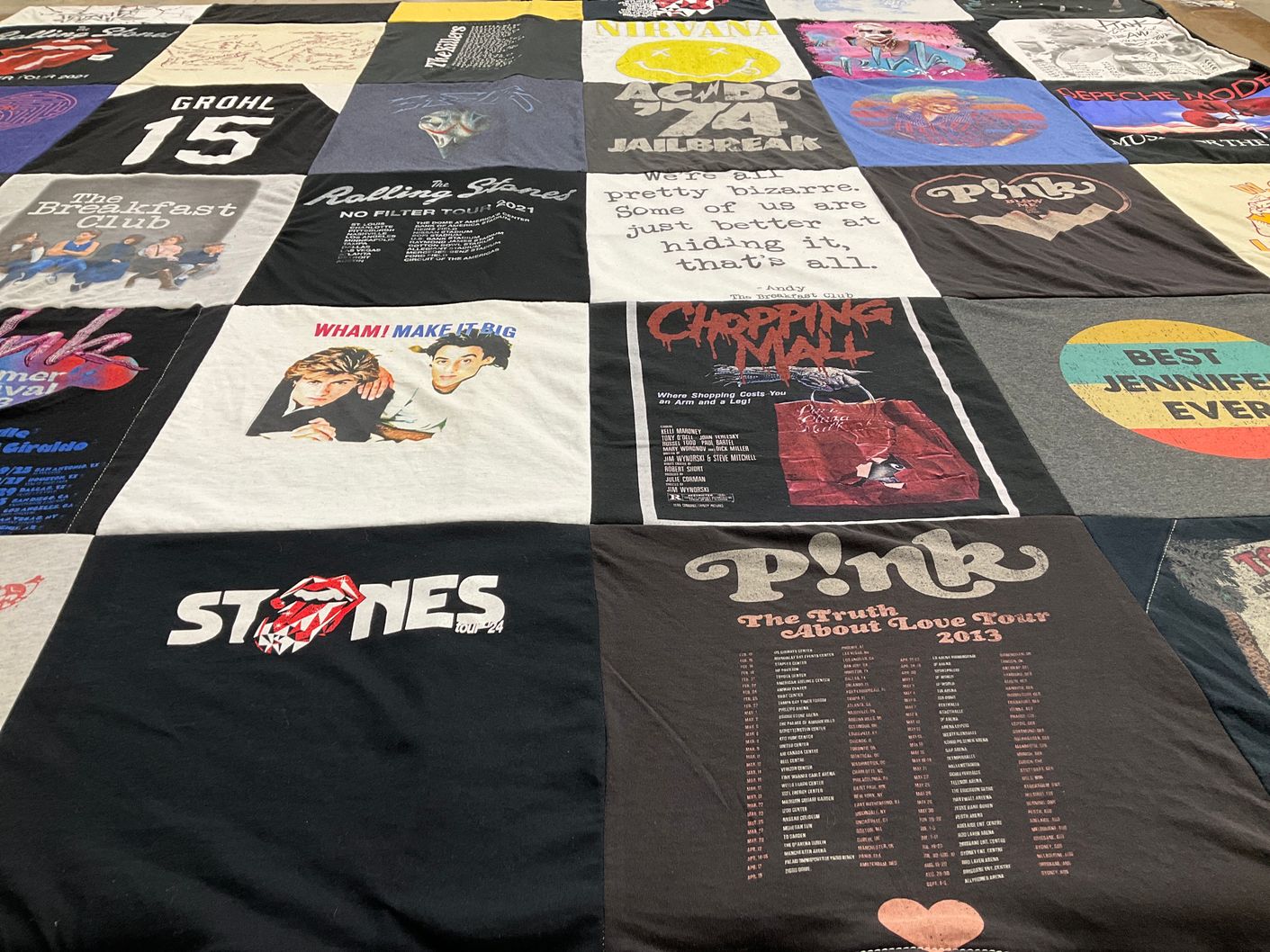 T-shirt quilt with music, concerts themes by Jennifer from AZ