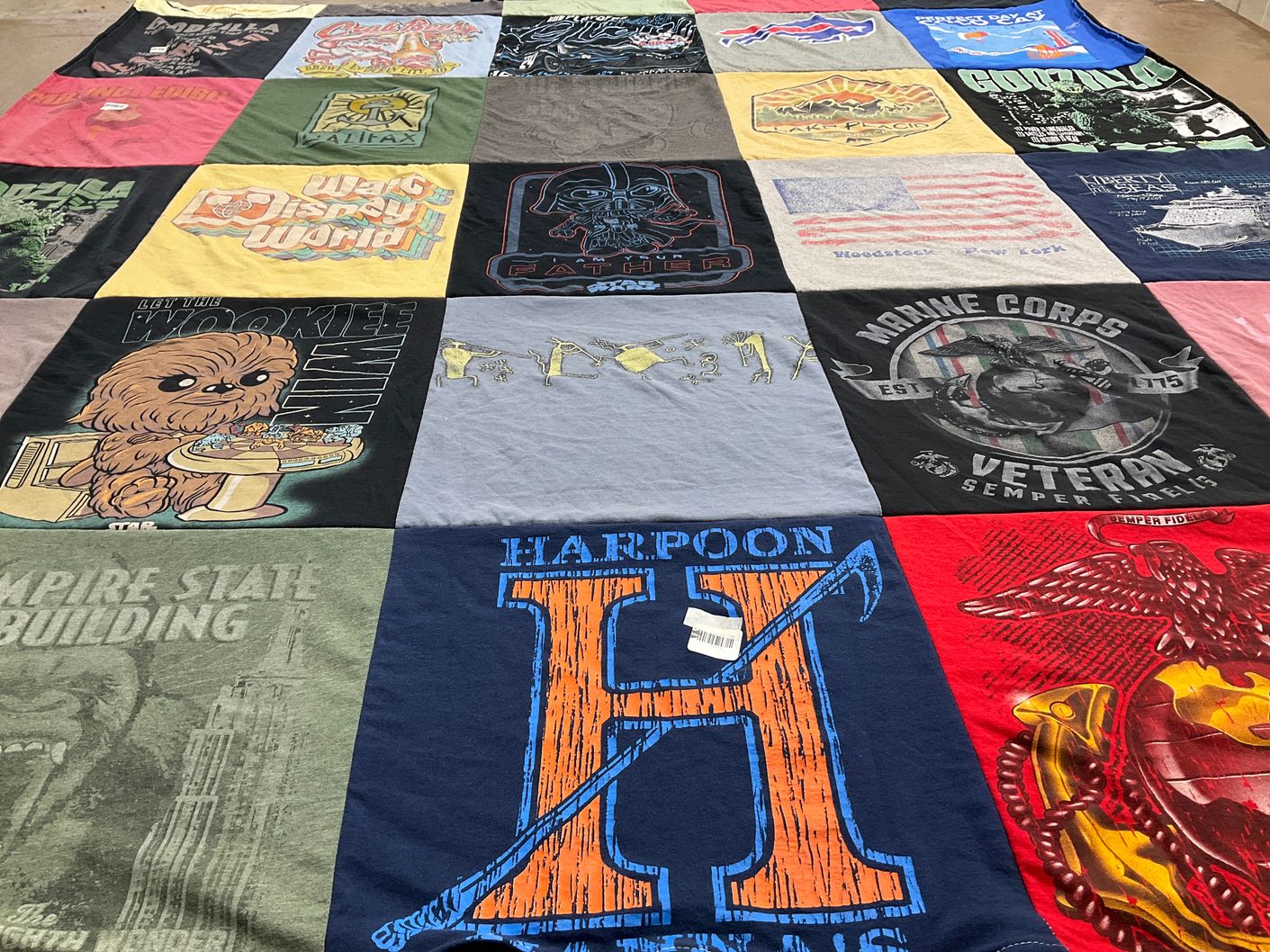 T-shirt quilt with star wars, veterans themes by Jennifer from NY