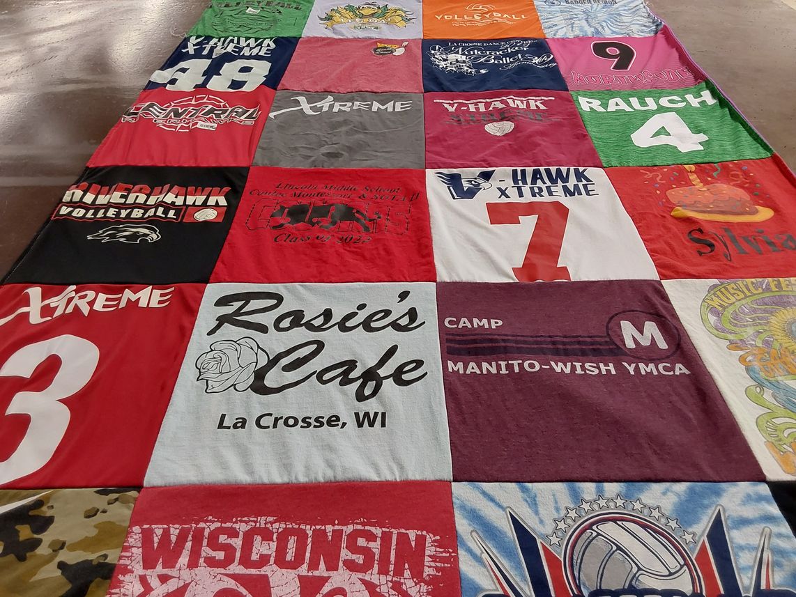 T-shirt quilt featuring riverhawk volleyball team by Rebecca from WI