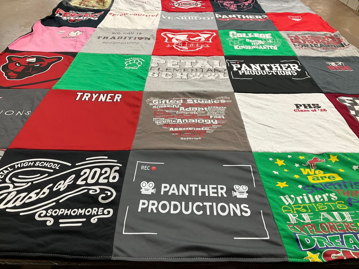 T-shirt quilt featuring peters high school panthers by Jill from MS