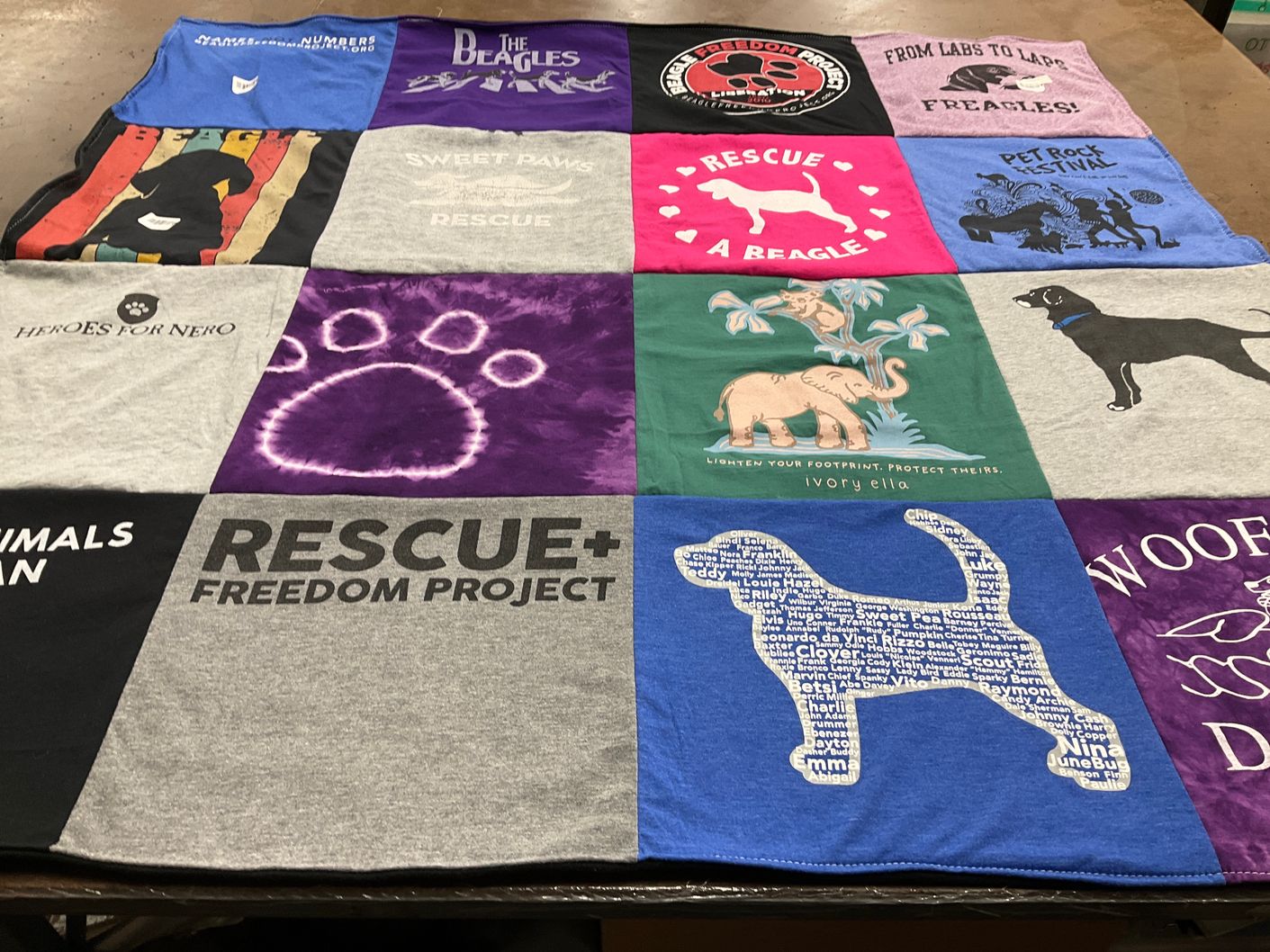 T-shirt quilt with animal rescue, dog adoption themes by Cara from MA