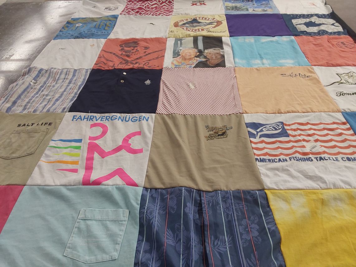T-shirt quilt with fishing, outdoor activities themes by Kristi from GA