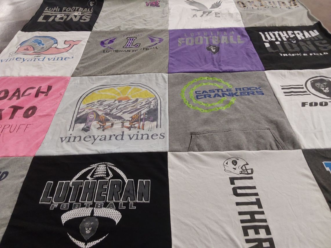 T-shirt quilt featuring lutheran high school football, castle rock crankers by Angela from CO