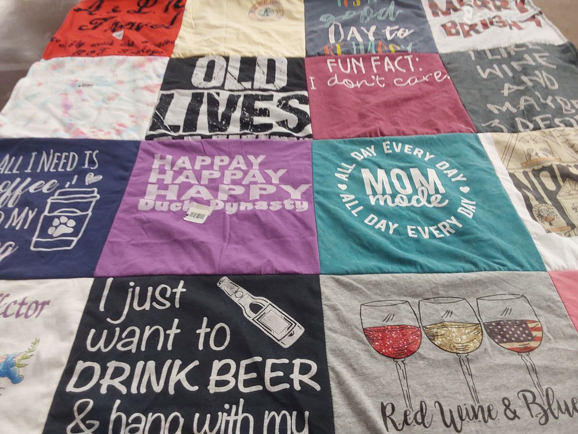 T-shirt quilt with food, beverages themes by barbara from CA