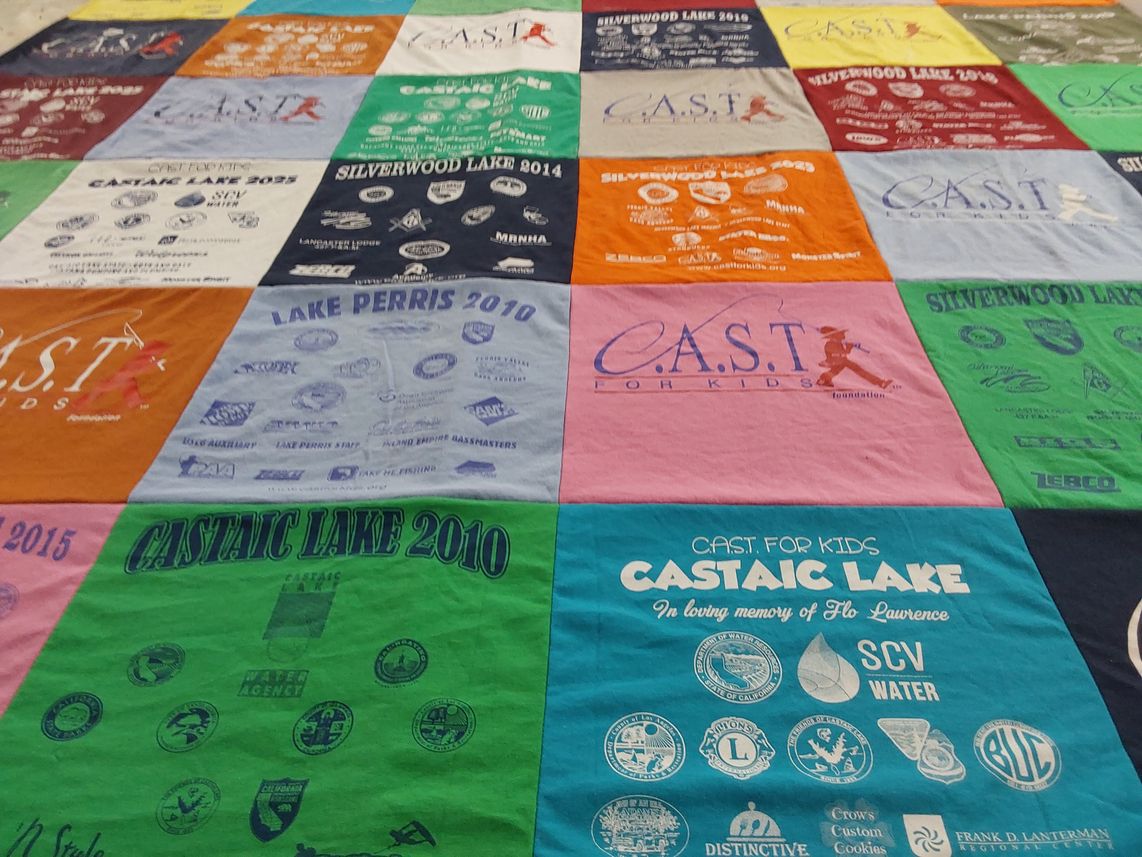 T-shirt quilt with fishing, events themes by Mary from CA