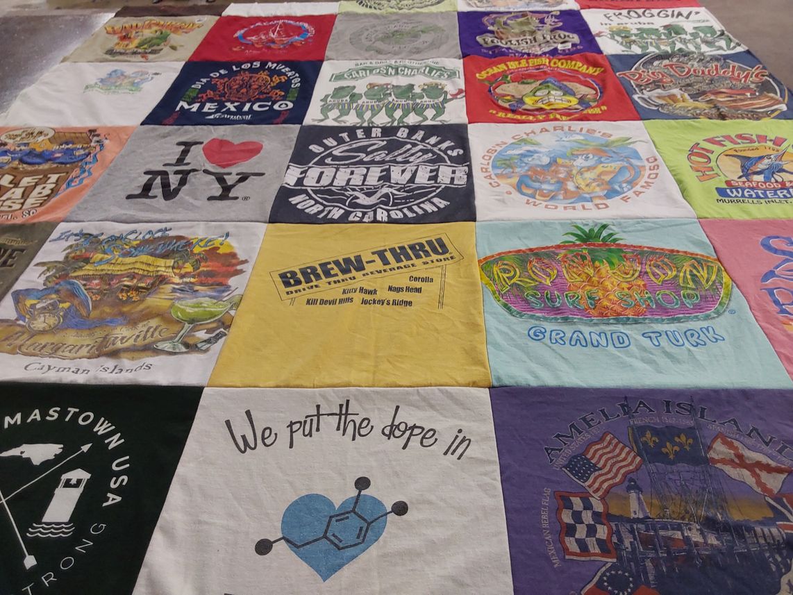 T-shirt quilt with travel, beaches themes by Lisa from NC