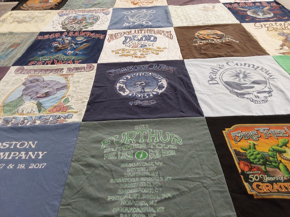 T-shirt quilt with music, concerts themes by Susan from MA