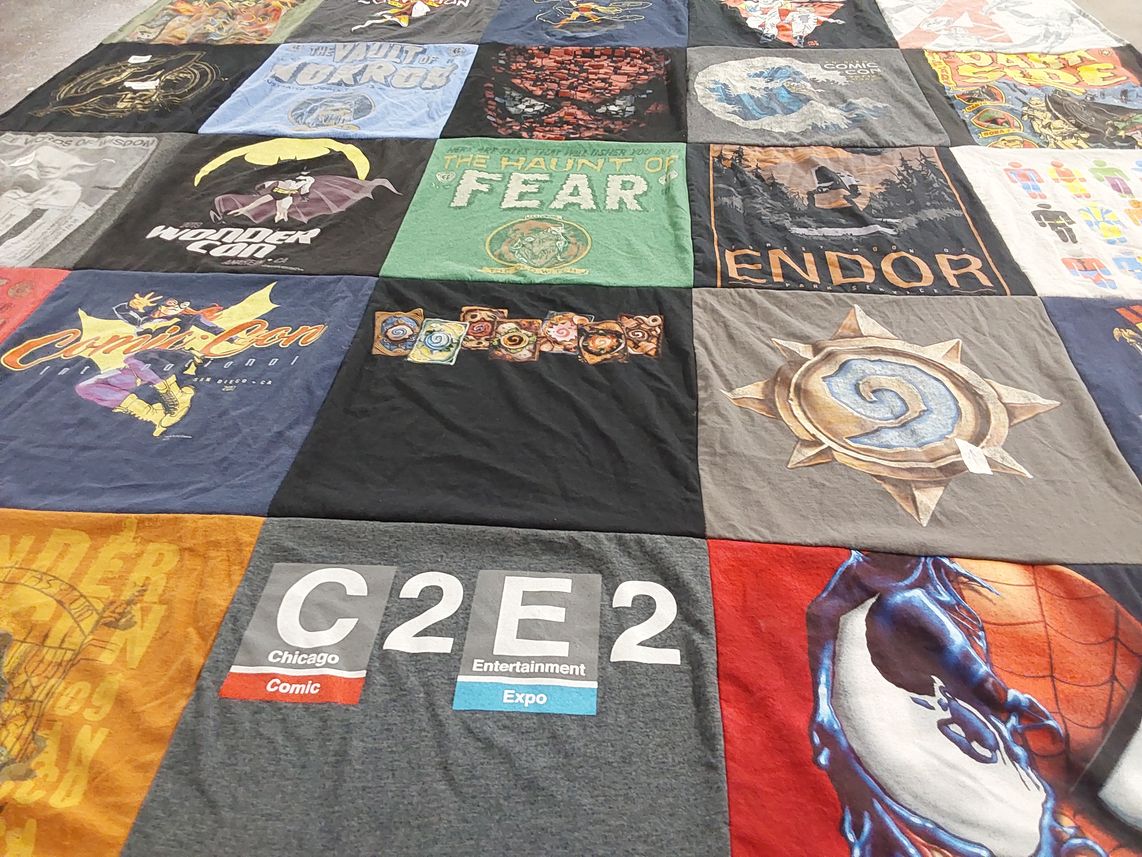 T-shirt quilt with comics, video games themes by Kelly from NV