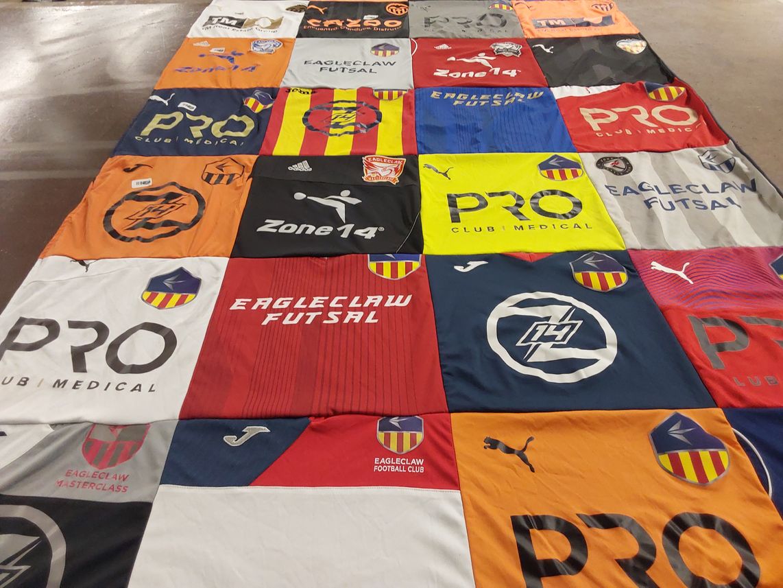 T-shirt quilt with futsal, sports themes by Megan from WA
