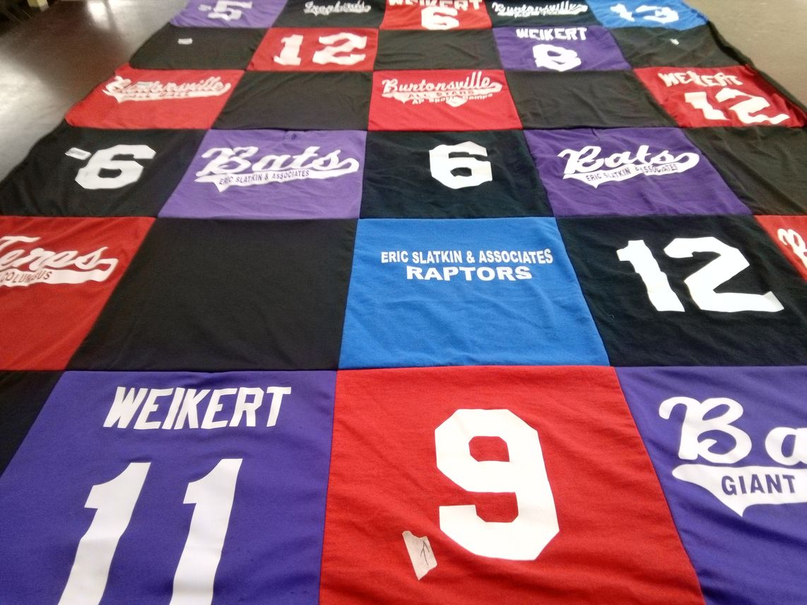 T-shirt quilt with sports, baseball themes by Mollie from MD