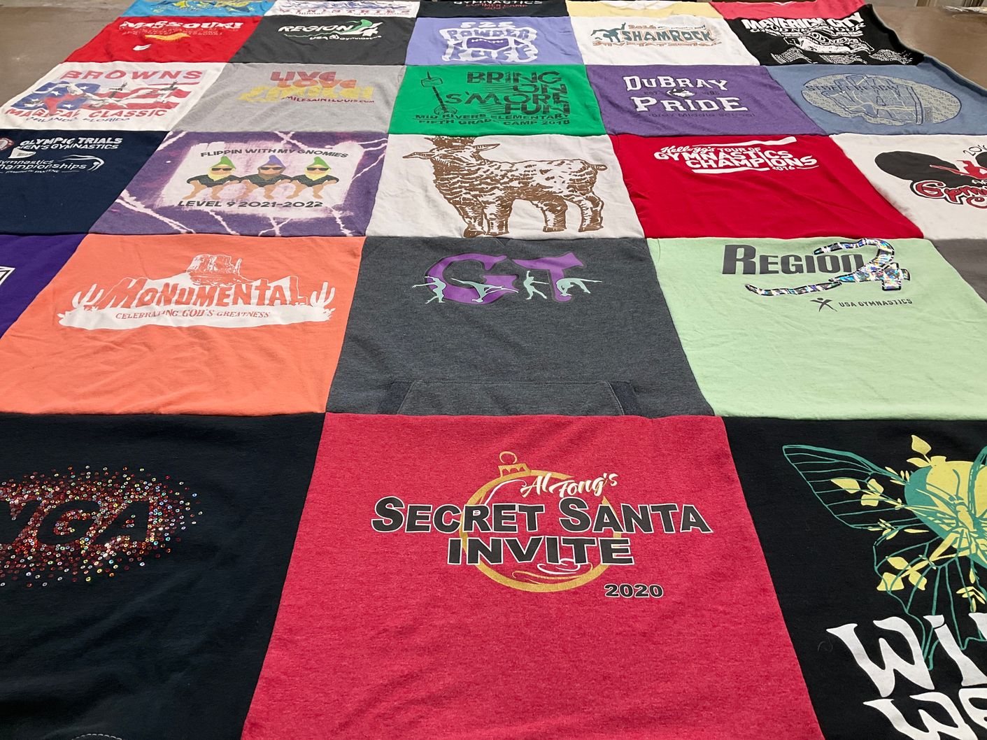 T-shirt quilt with gymnastics themes by Phyllis from MO