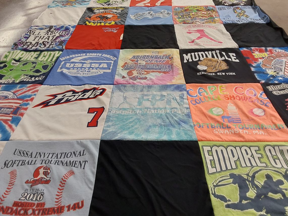 T-shirt quilt with softball, sports themes by Joette from NY