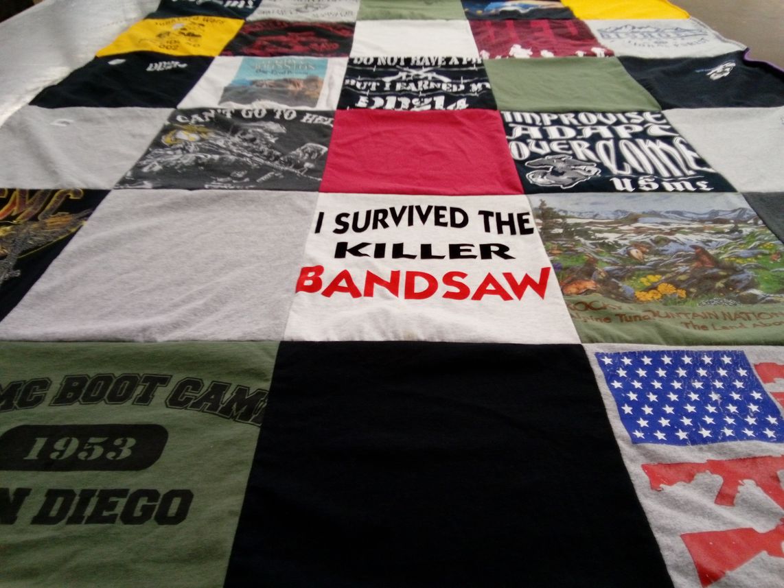 T-shirt quilt with military, survival themes by Pam from CA