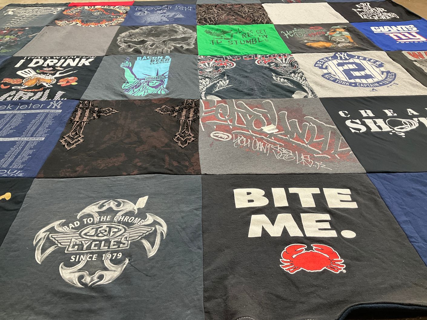 T-shirt quilt with motorcycles, food themes by Lucia from NY