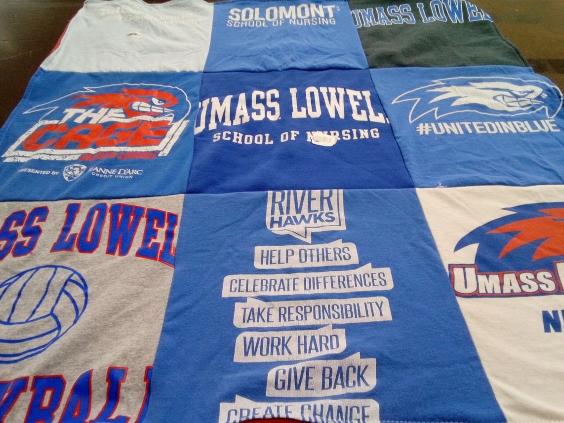 T-shirt quilt featuring river hawks by MacKenzie from NH