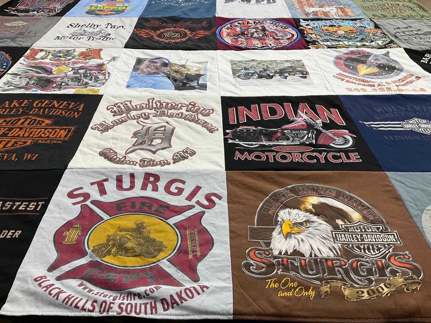T-shirt quilt with motorcycling, biking themes by Robert from MI