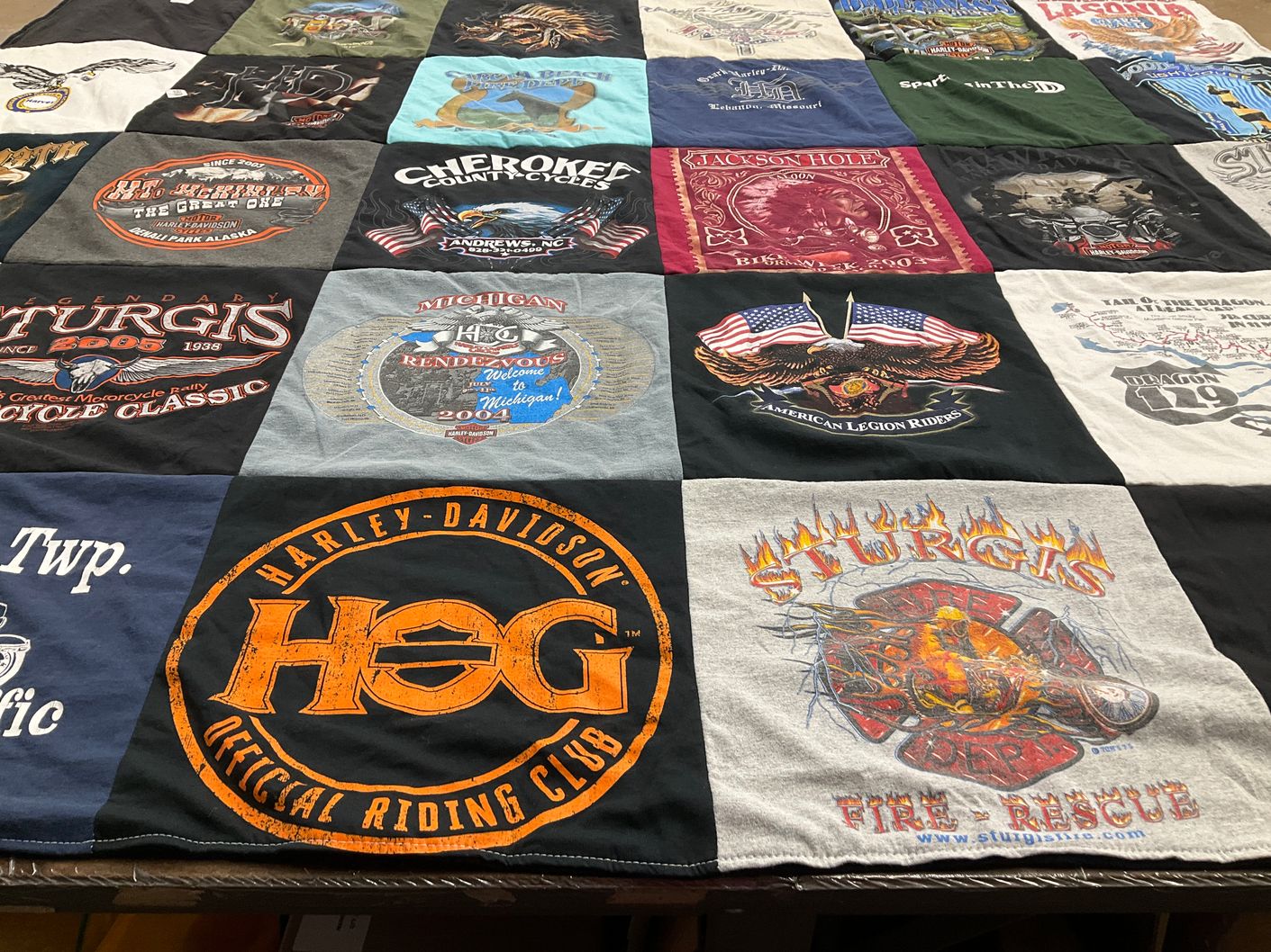 T-shirt quilt with motorcycles, biking themes by Robert from MI