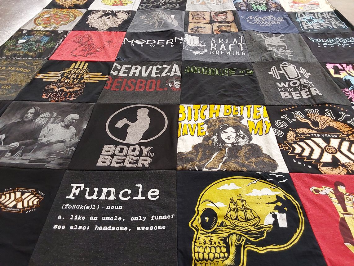 T-shirt quilt with beer, brewing themes by Justin from NM