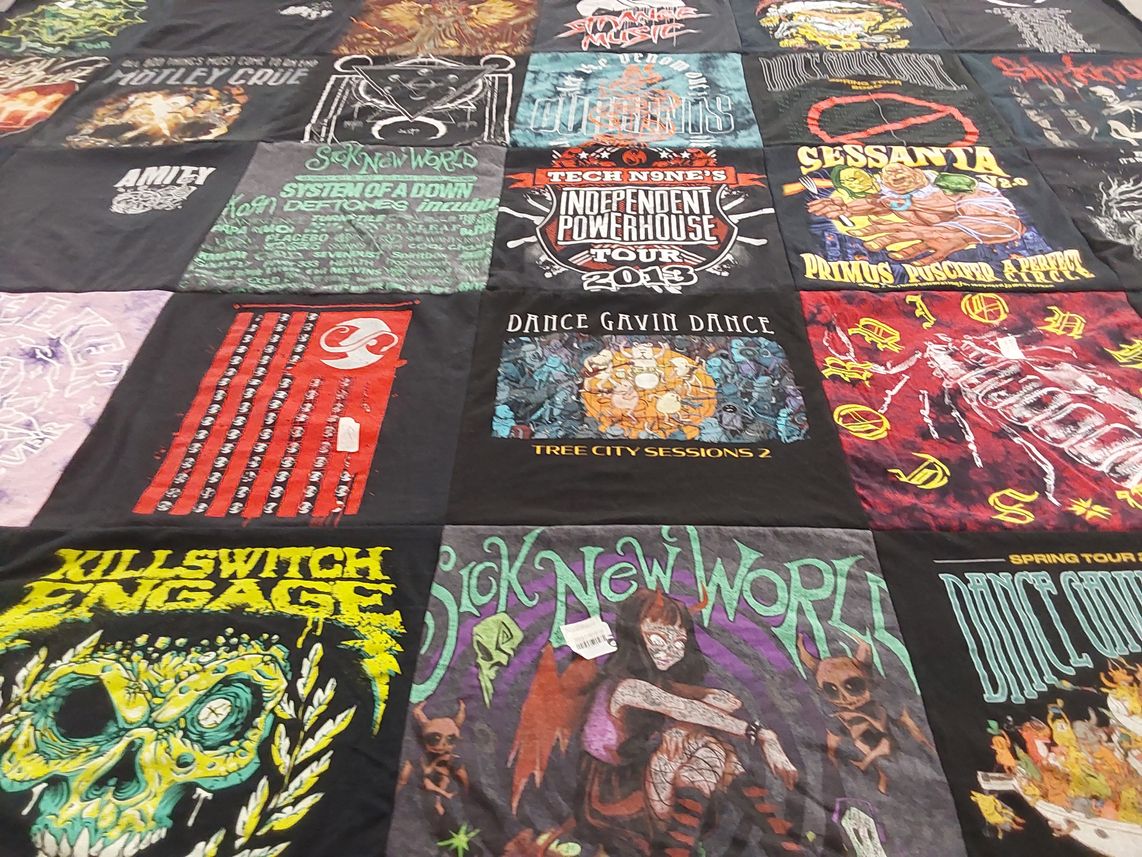 T-shirt quilt with music, rock themes by Justin from NM