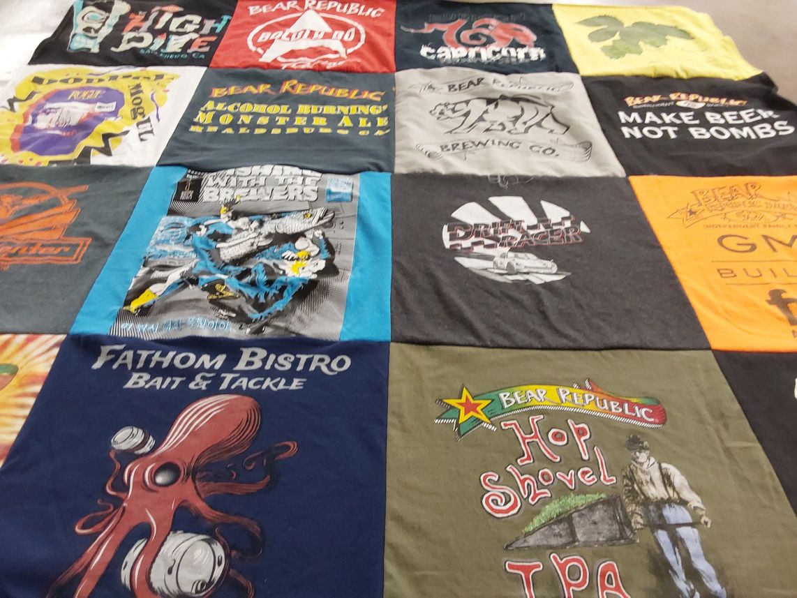 T-shirt quilt with brewing, fishing themes by Richard from CA