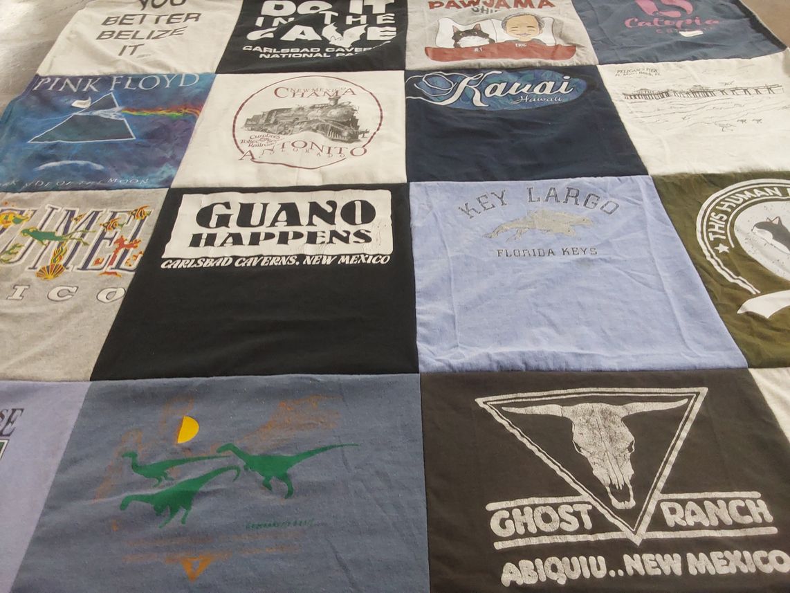 T-shirt quilt with travel, music themes by Melinda from NM