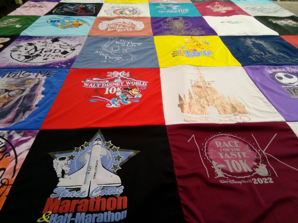 T-shirt quilt with running, marathons themes by Rachel from FL