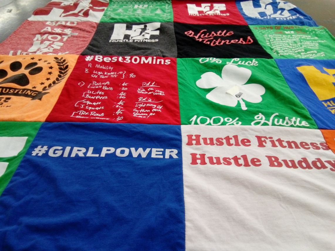 T-shirt quilt with fitness, exercise themes by MacKenzie from IL