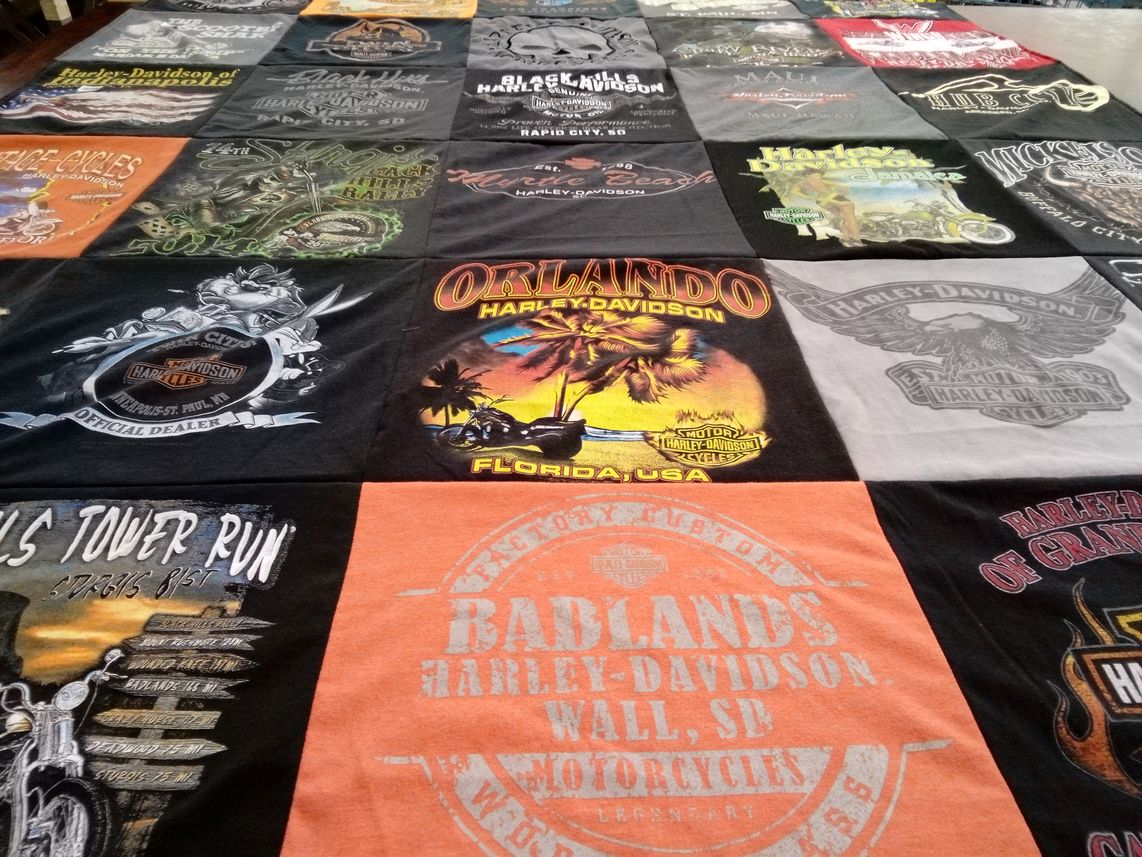 T-shirt quilt with motorcycles, biking themes by Steven from SD