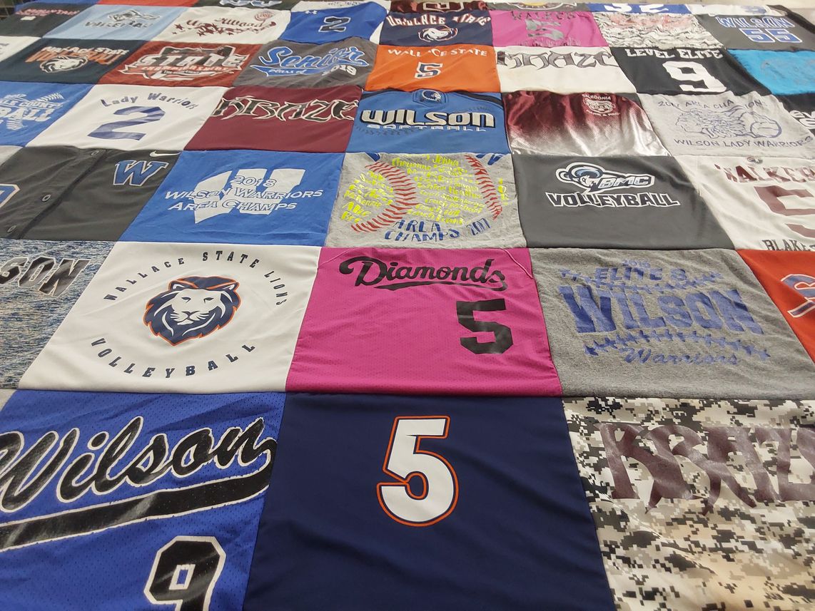 T-shirt quilt featuring wallace state lions volleyball, wilson warriors volleyball by Gina from AL
