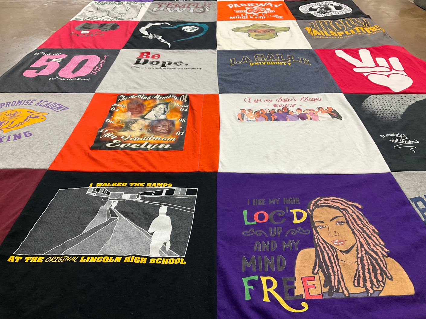 T-shirt quilt from la salle university, lincoln high school by Taara from PA