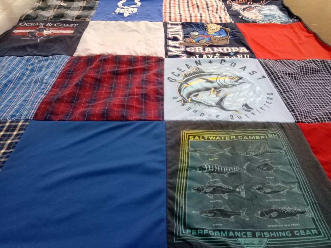 T-shirt quilt with fishing themes by Amanda from NC