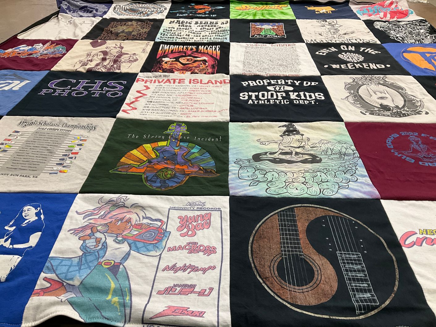T-shirt quilt with music, sports themes by Paige from CO