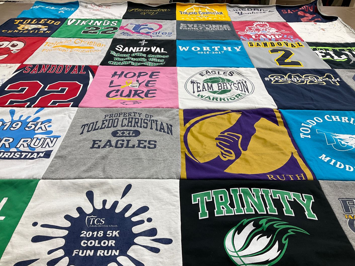 T-shirt quilt featuring toledo christian eagles by Susan from OH