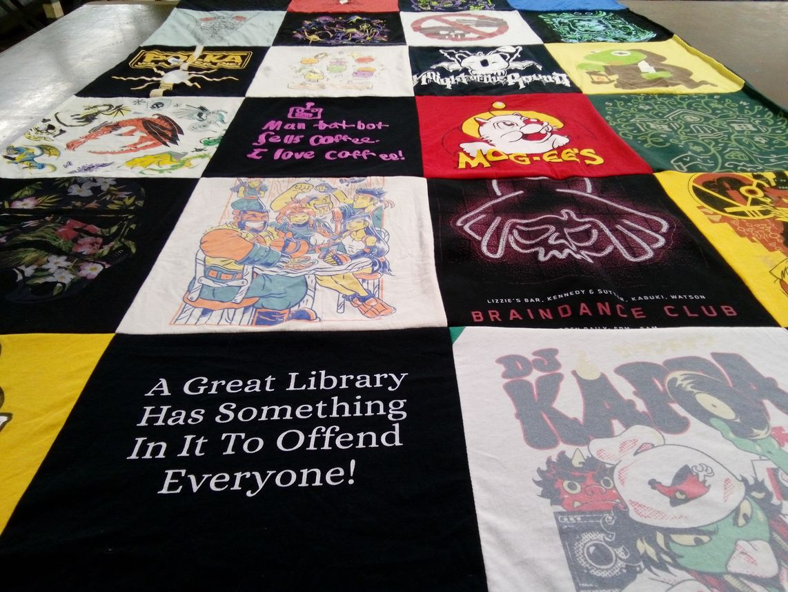 T-shirt quilt with coffee, gaming themes by Robert from IL