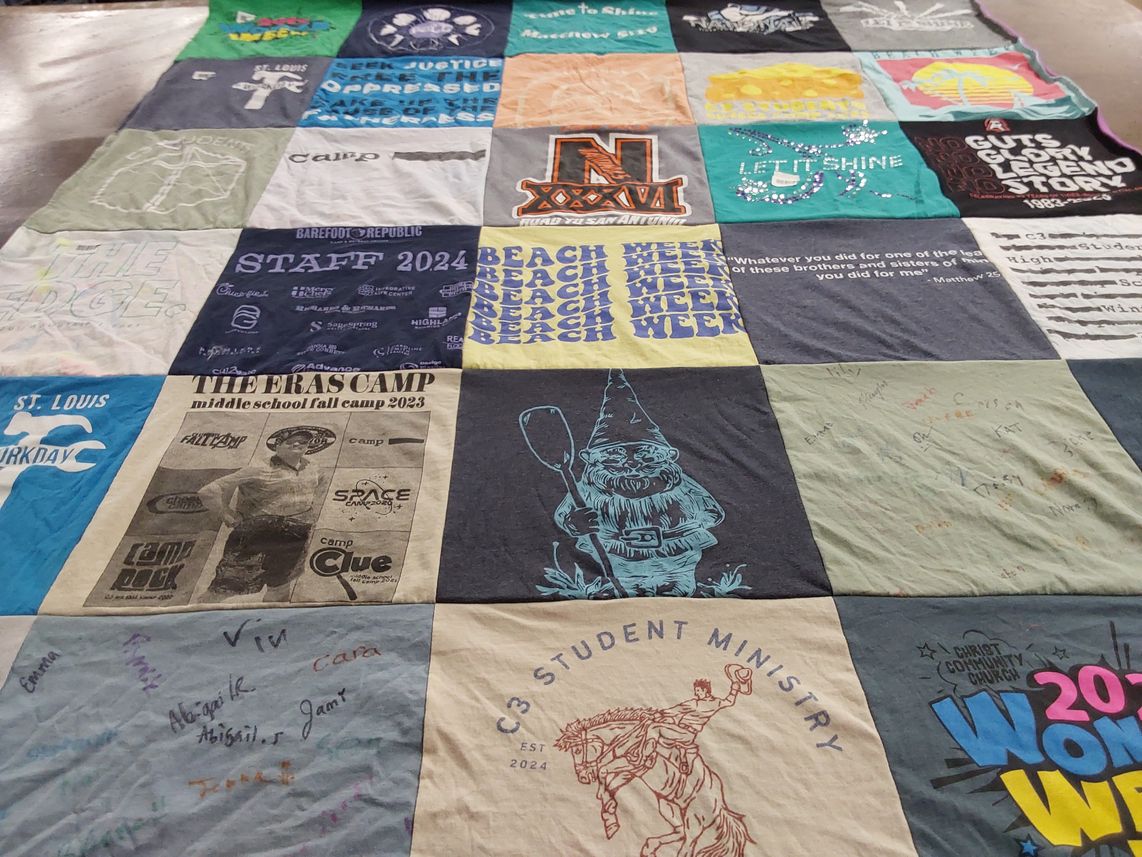 T-shirt quilt with camping, ministry themes by Nicole from TN