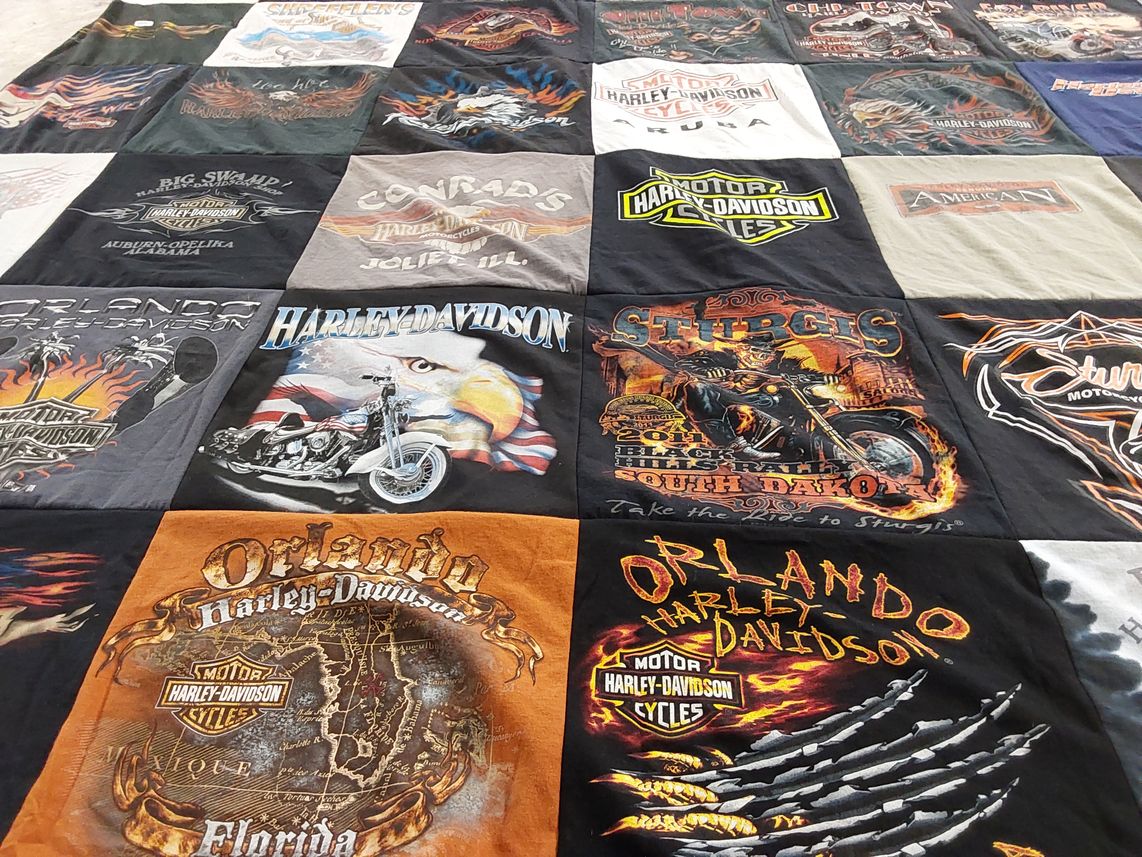 T-shirt quilt with motorcycles, biking themes by Alicia from IL