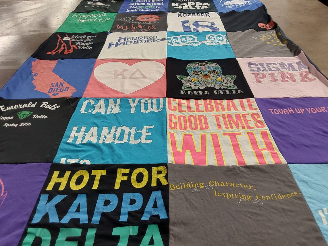 T-shirt quilt with sorority, fraternities themes by Sophie from MI
