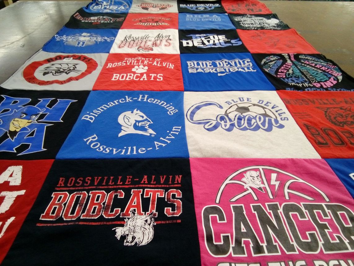 T-shirt quilt featuring rossville-alvin bobcats, bismarck-henning blue devils by Nichole from IL