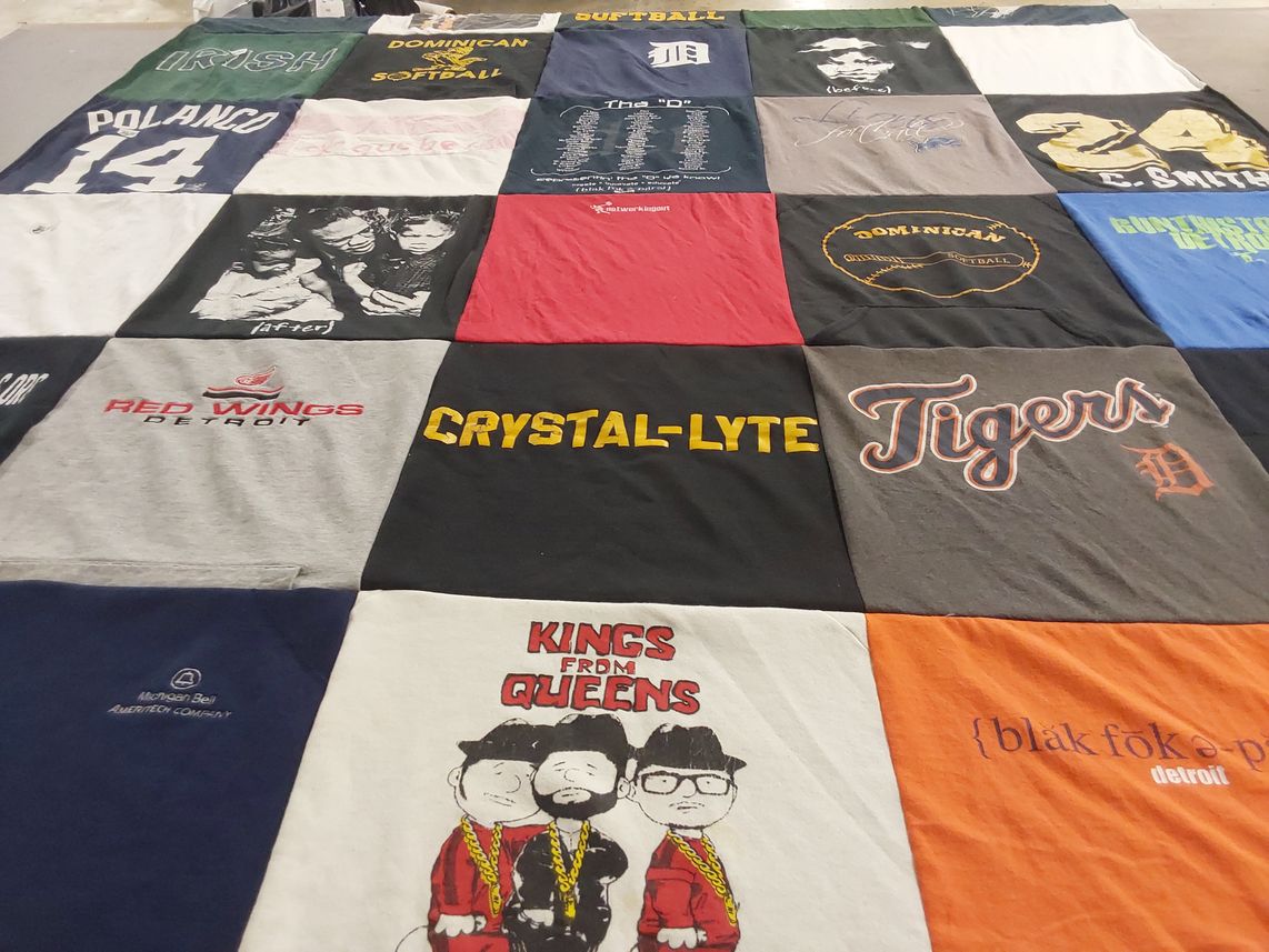 T-shirt quilt featuring detroit tigers, detroit red wings by Crystal from MI