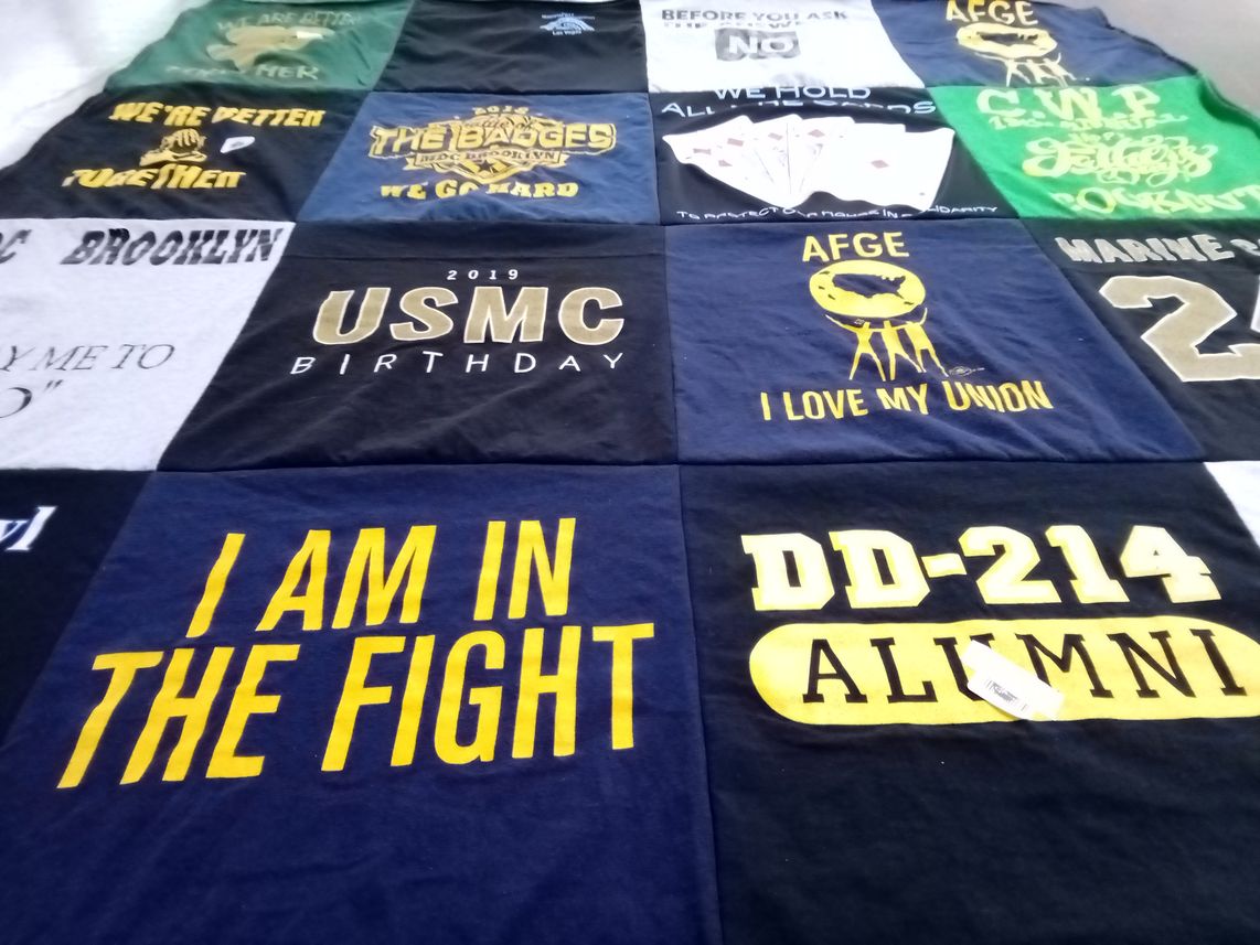 T-shirt quilt with unions, military themes by Donna from NC
