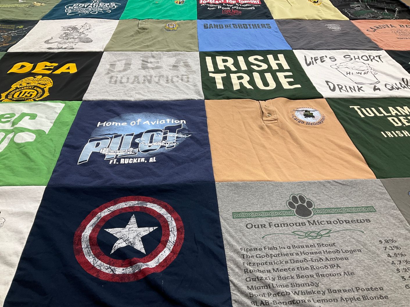 T-shirt quilt with aviation, craft beer themes by Brian from MD