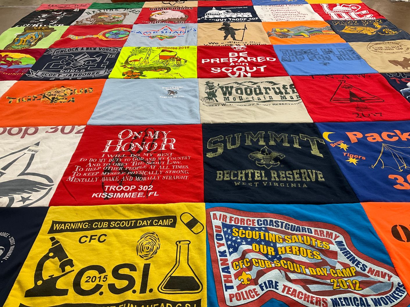T-shirt quilt with scouting, boy scouts themes by Jane from FL