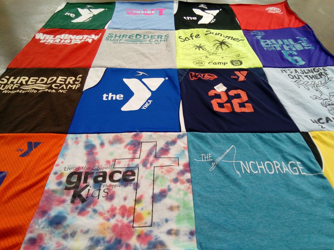 T-shirt quilt with camping, community service themes by Taryn from NC