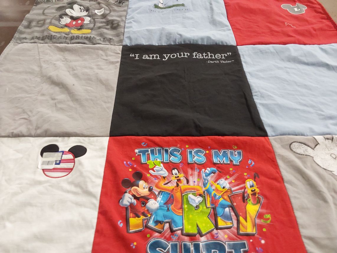 T-shirt quilt with disney, star wars themes by Lisa from NY