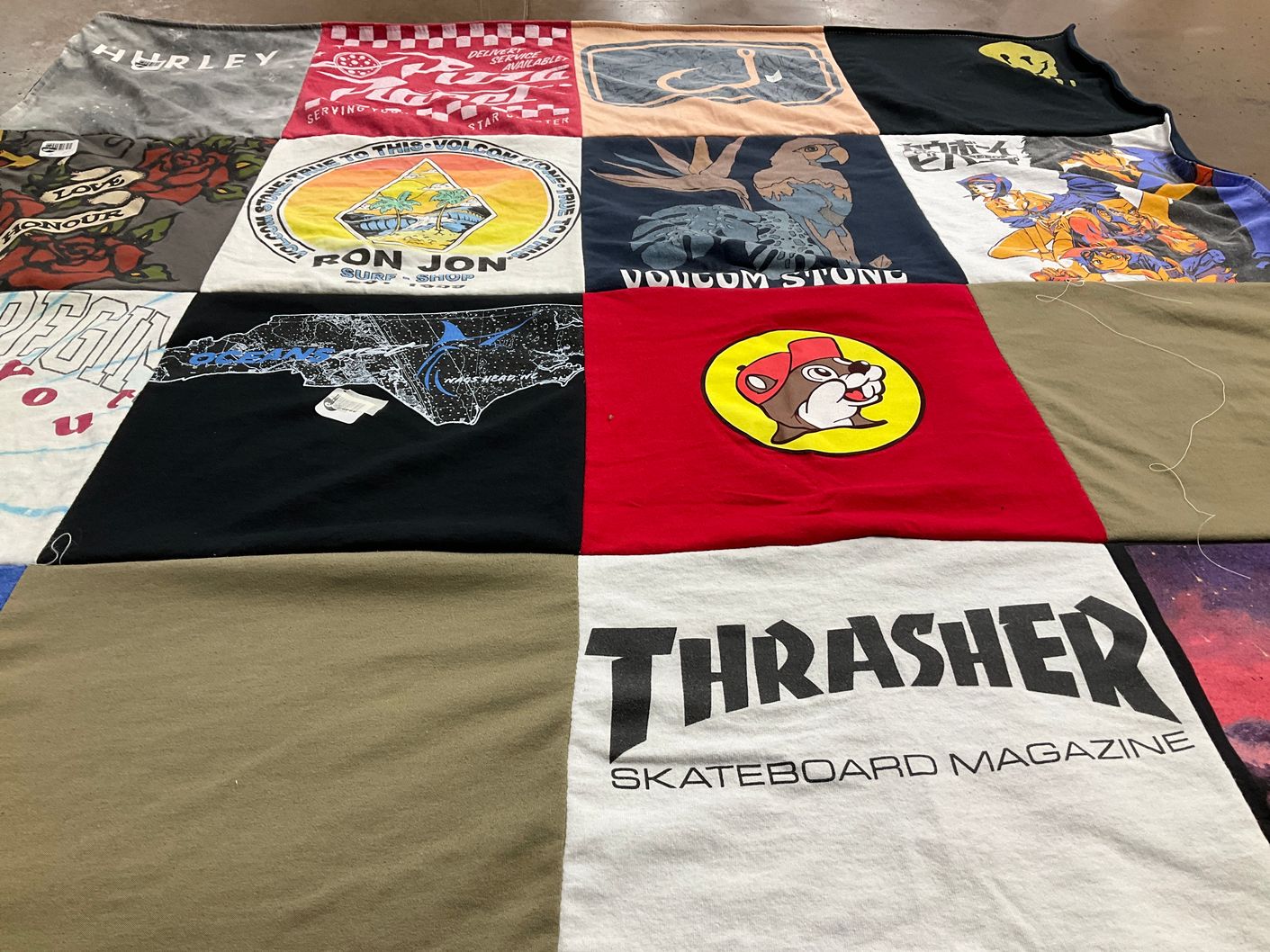 T-shirt quilt with skateboarding, surfing themes by Liz from NC
